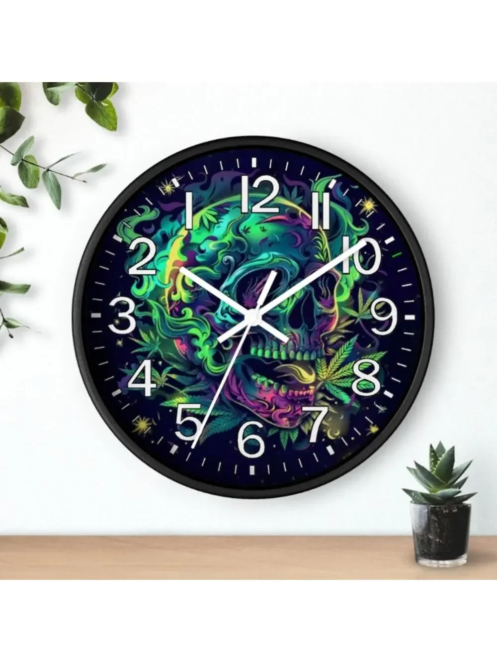 REVERSE TICKING CLOCK SKULL GOOD LEAF Black Light Glow In The Dark Wall Clock Ne